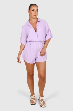 Fayt Playsuits + Jumpsuits | ZEPHYR LINEN PLAYSUIT LILAC