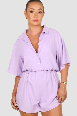 Fayt Playsuits + Jumpsuits | ZEPHYR LINEN PLAYSUIT LILAC